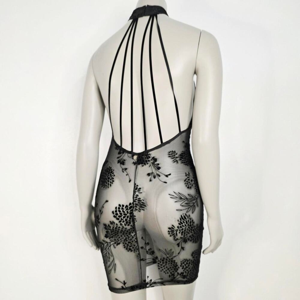 Noir Handmade Sheer Mesh Halter Midi Dress Lingerie Goth Bodycon Floral Large